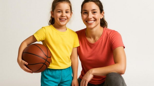 Youth hearing health awareness with cheerful young girl and adult in sports attire.