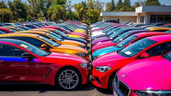 Lineup of used cars in dealership lot, boosted by tax refund season.