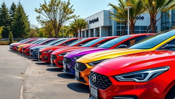 Line of cars at dealership, illustrating used car financing interest rates.