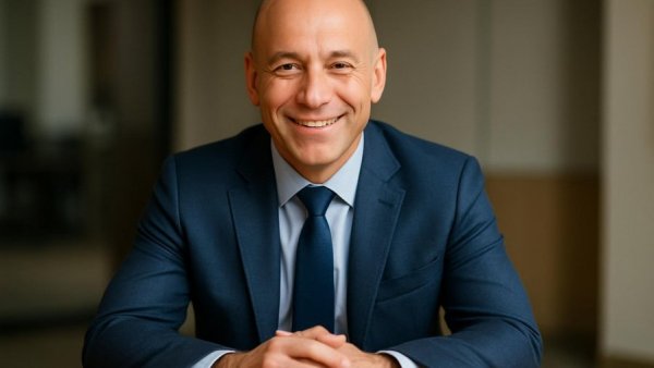 Professional man in suit smiling, related to hearing loss treatment.