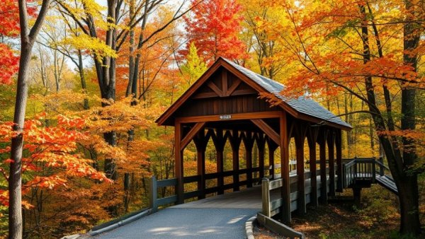 Charming wooden covered bridge during autumn in a Connecticut forest.