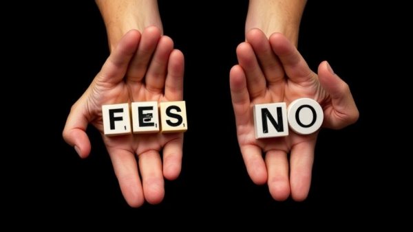 Decision-making concept with 'YES' and 'NO' in hands, finance on vehicle choice.