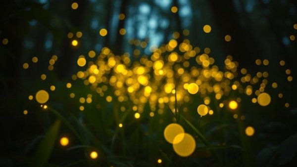 Synchronous fireflies glowing in the Great Smoky Mountains forest.