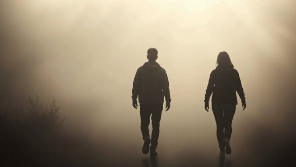 Silhouettes in fog with quote about creating clarity.