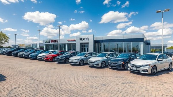 Long rows of used cars in dealership lot, clear sky, used vehicle market demand increase.