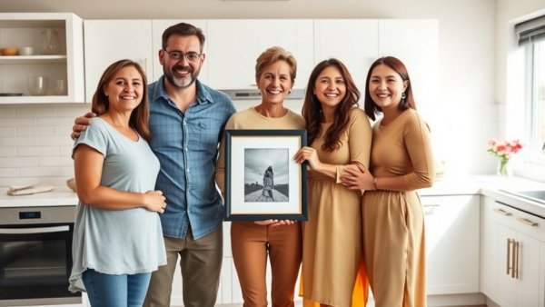 Happy group in a kitchen showcasing a framed photo, CarMax ChatGPT app.