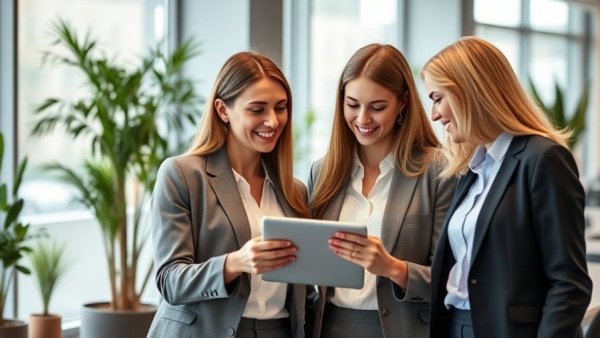 Women discussing healthcare costs with a tablet in an office.