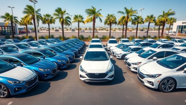 Row of blue and white cars in dealership lot highlighting used car financing rates.