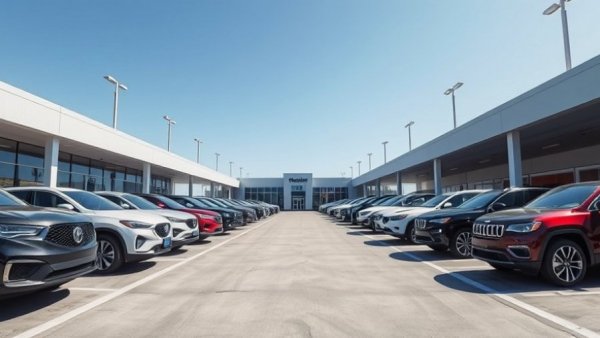 Wide view of dealership with cars and blue sky; used car financing rates.