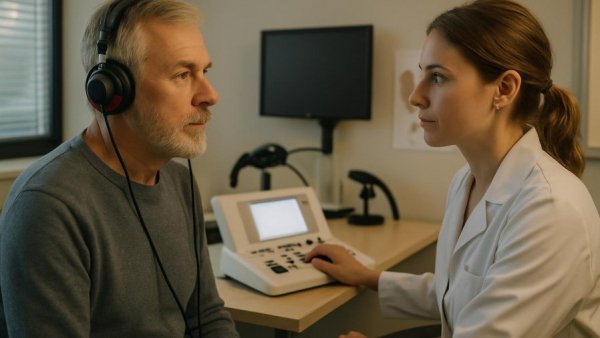 Hearing loss treatment: Man undergoing hearing test with audiologist.