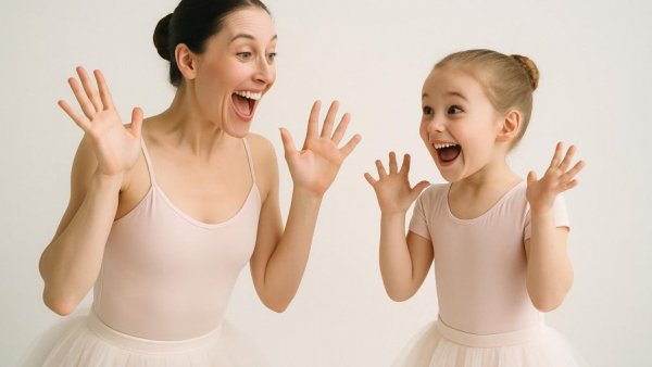 Youth-focused ballet scene for hearing health campaign, joyful dance pose.