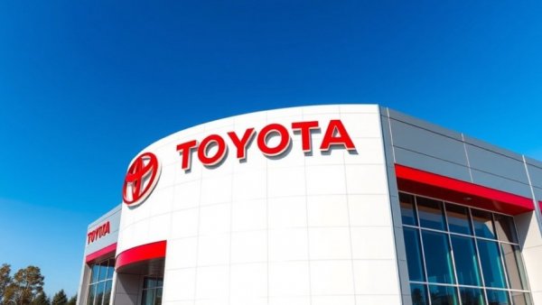 Toyota dealership showcasing automotive brand retention against blue sky.