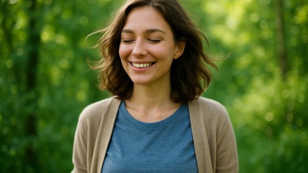 Woman enjoying nature with a serene smile, relevant to tinnitus management.