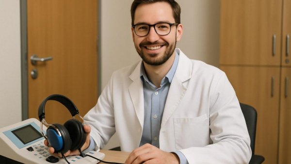 Audiologist discussing early hearing loss detection with equipment in clinic.