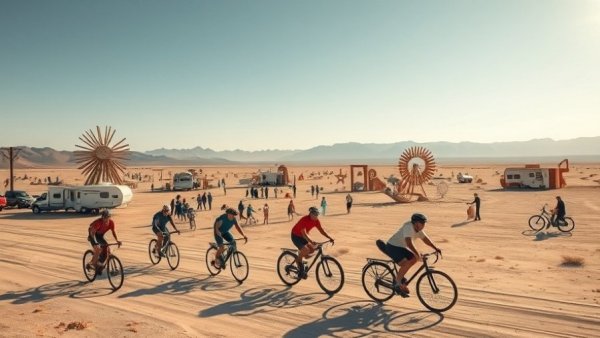 Cyclists at Burning Man passing by RV rental and art installations.