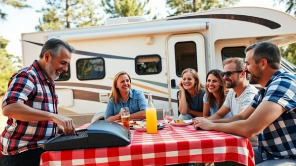 Friends enjoying RV camping in Connecticut with a barbecue setup.