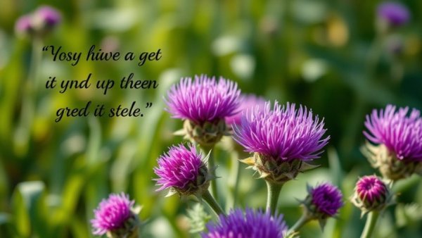 Inspirational quote with purple thistles, natural beauty.