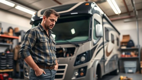 RV restoration and repair in Connecticut garage showing technician at work.