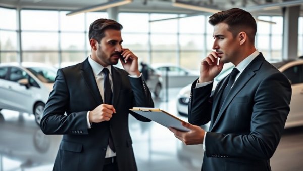 Professional communication in car dealership showroom, trust building.