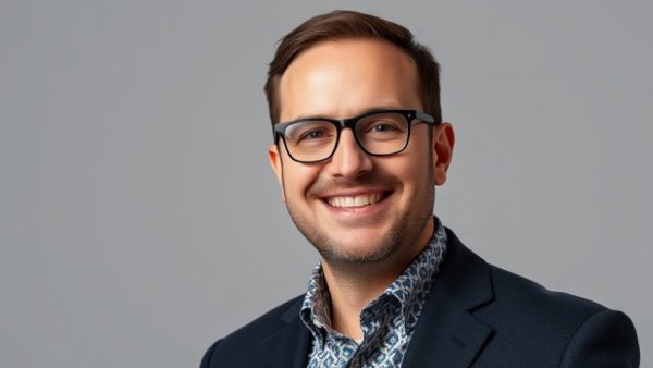 Smiling man in glasses with ambient technology theme.