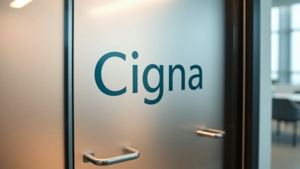 Cigna logo on frosted glass door, symbolizing CEO transition.