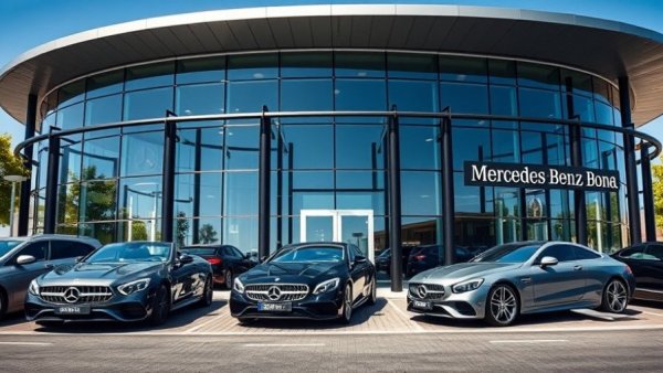 Modern Mercedes-Benz dealership sales facility with cars parked outside.
