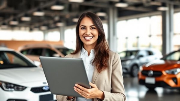 Businesswoman with laptop in car showroom showcasing digital deal jacket.