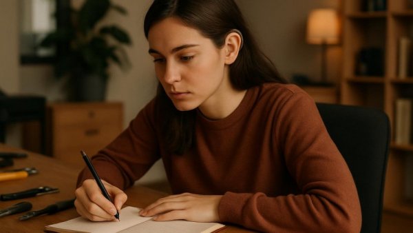 Woman with hearing aid focused on desk work, hearing loss treatment.