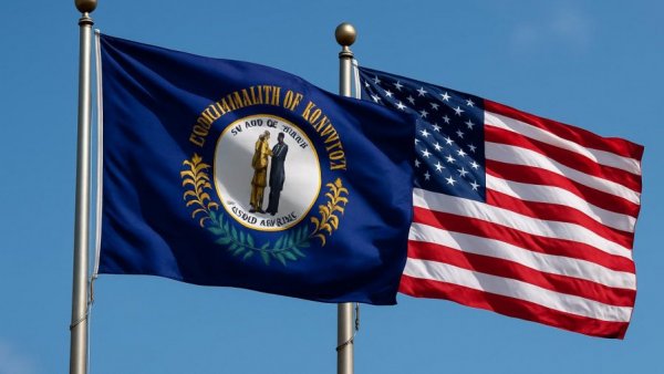 Kentucky and American flags against blue sky.