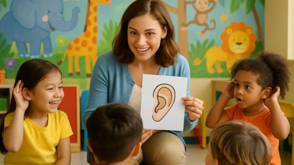 Teacher engaging children in colorful classroom for hearing loss treatment awareness.