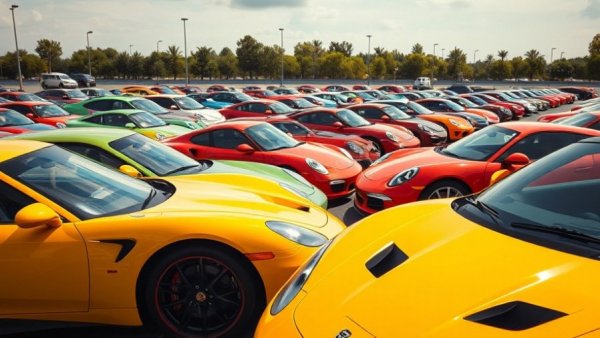 Lineup of used cars in an urban parking lot, showcasing vibrant colors.