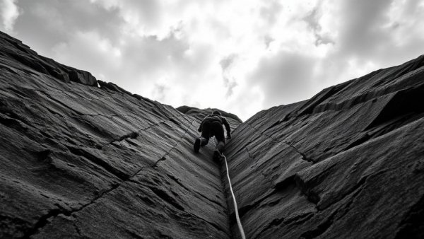 Climber scaling rock wall embodies persistence in dealership sales.