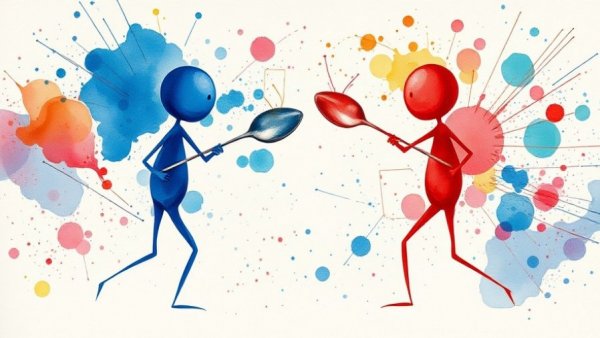 Humorous watercolor of two figures battling with spoons; leadership conflict resolution.