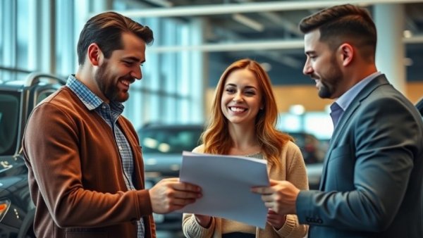 Smiling couple reviews contract at car dealership, spring 2026.