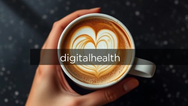 Close-up of a cappuccino cup with digital health text.