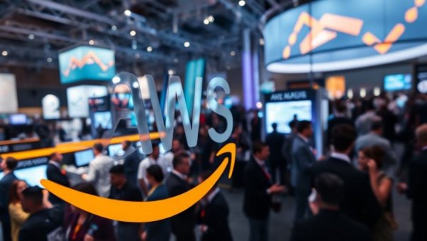 AWS logo with people at tech event discussing AI healthcare solutions.
