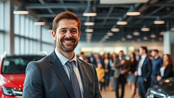 Professional automotive finance training image with expert speaker in modern showroom.