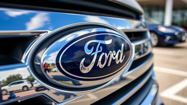 Close-up of a Ford logo reflecting surroundings, highlighting Ford recall impact on dealers.