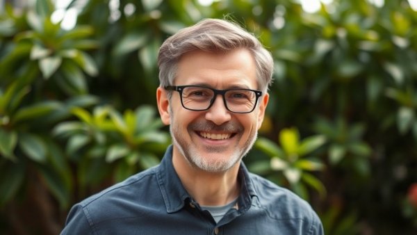 Portrait of a smiling man with glasses outdoors in a garden.