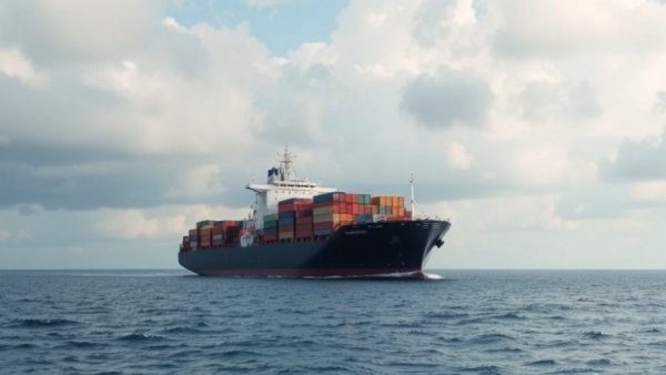 Large cargo ship sailing in a calm sea under a cloudy sky.