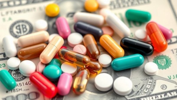 340B drug discount program concept with pills on dollar bill.