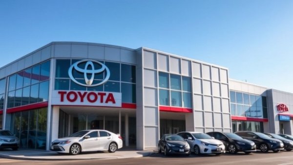 Toyota dealership offering used car financing rates, sunlit exterior.