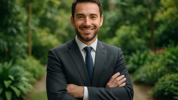Confident businessman in suit in natural light, hearing loss treatment context.