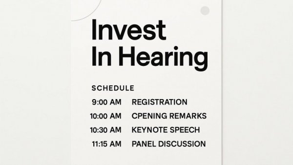 Event flyer for Invest In Hearing event focused on hearing loss treatment.
