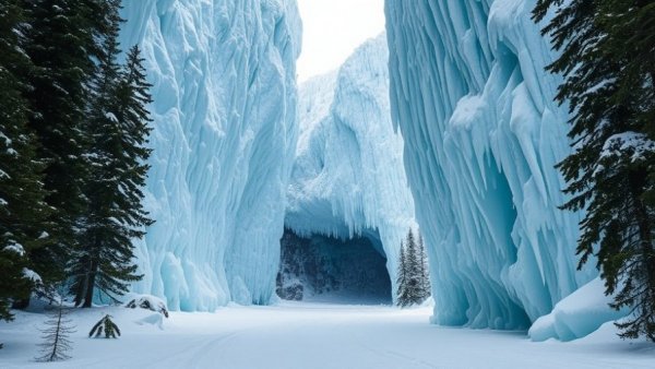 Grand ice castles in New Hampshire amid winter forest.