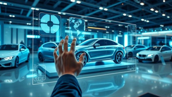Person interacting with futuristic digital car ad in showroom; digital business cars.