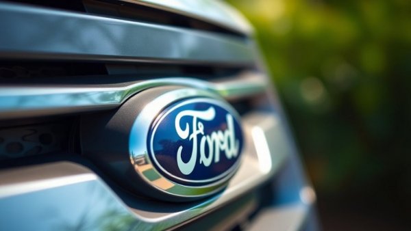 Close-up of Ford vehicle grille emblem, affordable electric vehicles.
