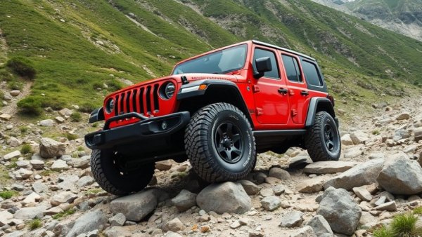 Red Jeep Wrangler navigating rocky terrain, showcasing off-road safety features.