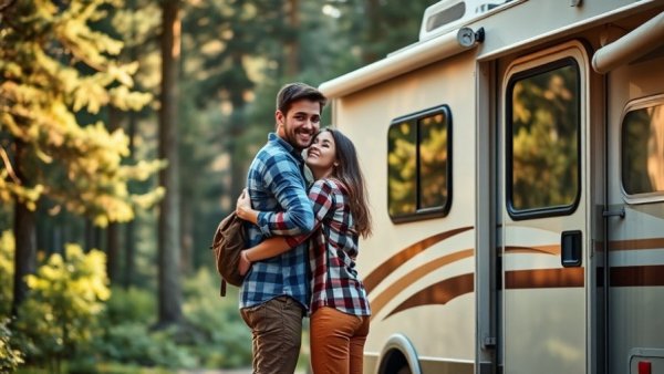 Young couple enjoying Affordable RV Travel in a scenic forest setting.