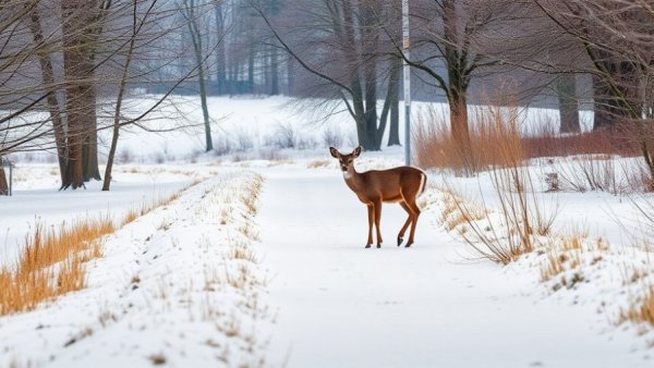 Deer on snowy path during winter, surrounded by trees.